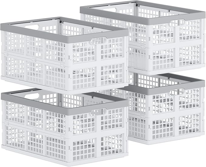 4 Packs 30 L Plastic Collapsible Storage Basket, Folding Stackable Storage Containers/Bins, White