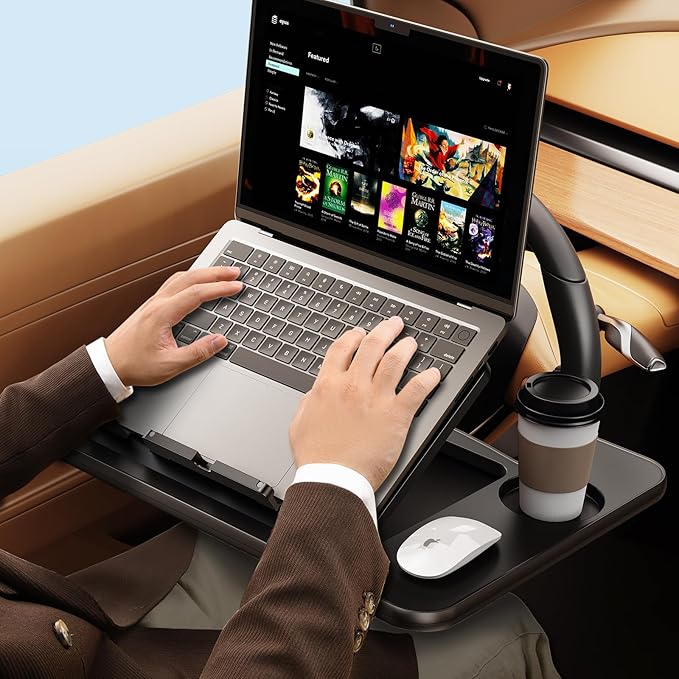 3 in1 Car Steering Wheel Tray Table for Laptop, Height Adjustable Car Table Tray for Driver, Car Food Tray with Drinks Holder,Multipurpose Travel Car Accessories for Long Road Trips-Black