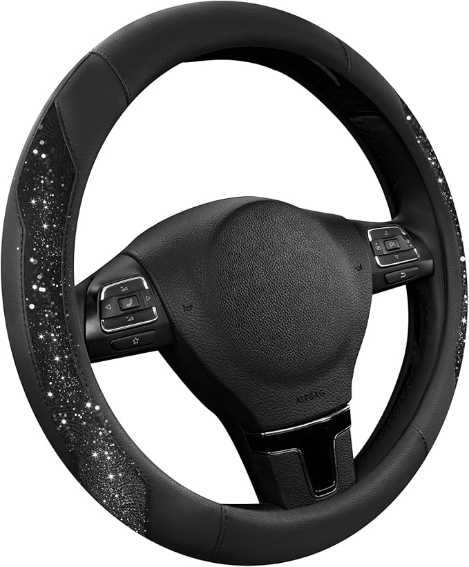PIC AUTO Steering Wheel Cover, Black Sparkly Crystal Bling Glitter with Leather, Universal Fit 14.5"-15.5" Car Steering Wheel