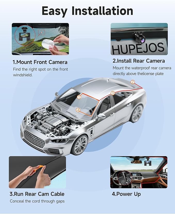 360° Dash Cam Front and Rear Inside, 4 Channel Dash Camera for Cars FHD 1080Px4, Built-in Wi-Fi, 3.16” IPS Screen, WDR Night 