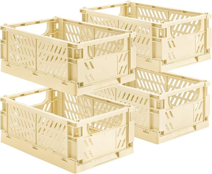 HUUSMOT 4-Pack Small Pastel Plastic Storage Baskets, Collapsible Crates for Organizing, Space-Saving Mini Bins for Classroom,