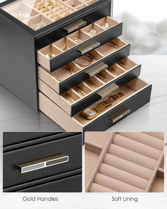 Vlando 5 Layer Jewelry Box for Women, Glass Lid Jewelry Organizer with 5 Drawers for Necklaces Rings Earrings Bracelets - Bla