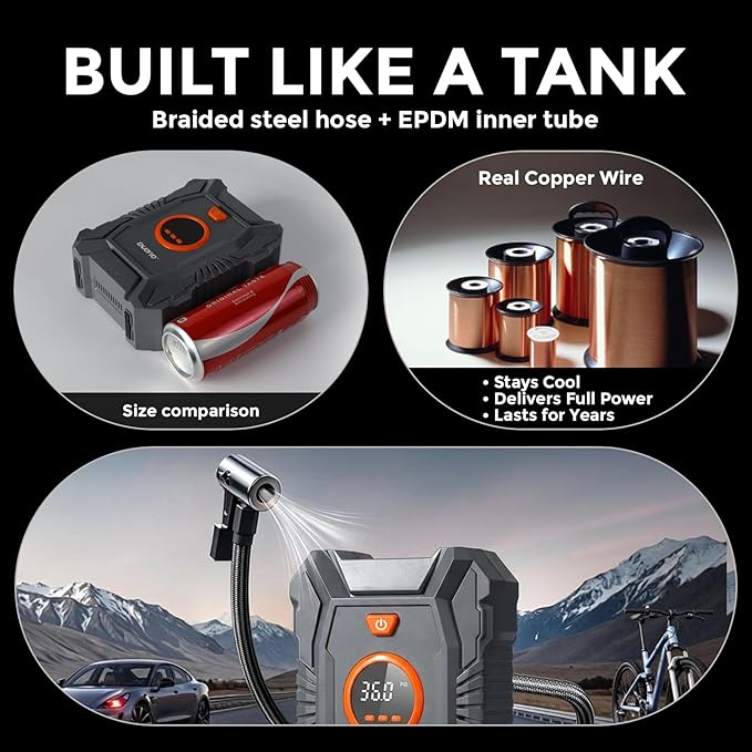 Cordless Tire Inflator Portable Air Compressor 100PSI with Auto Shut-Off, Built-In Cord & Hose Storage, 3-Meter Copper Power Cord, LED Light for Car Motorcycle Bike Ball
