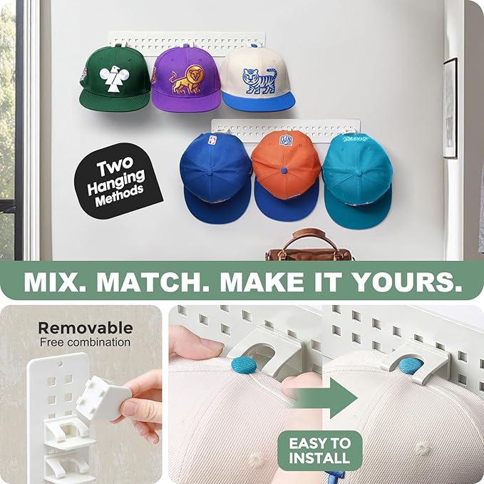 2 Pack Hat Organizer for Baseball Caps, Detachable DIY Hat Rack for Wall Hat Holder Hold up to 22 Hats, Baseball Cap Organize