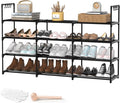 3 Row 4 Tier Long Shoe Rack, Black Metal Stackable Shoe Shelf with Multifunctional Hooks, Shoe Storage Hold 24-30 Pairs, Spac