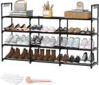 3 Row 4 Tier Long Shoe Rack, Black Metal Stackable Shoe Shelf with Multifunctional Hooks, Shoe Storage Hold 24-30 Pairs, Spac