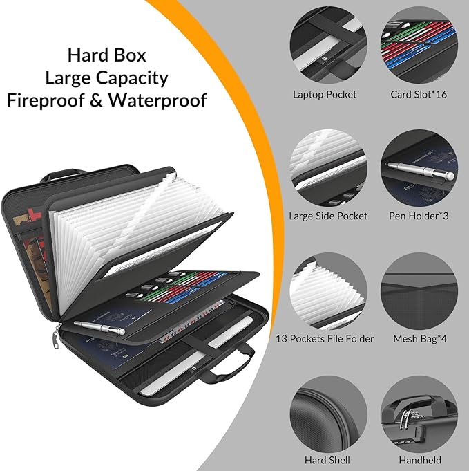 onvvippiv Hard Case Fireproof Document Box, Important File Organizer with Lock Waterproof Zipper, Portable Home Office Travel