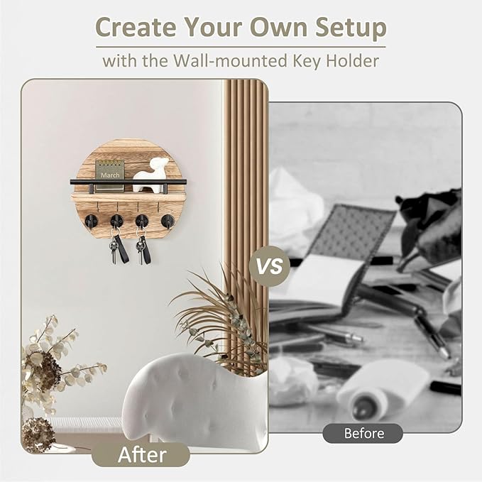Nekon Key Holder for Wall - 9.8 Inch Apartment Wall Decor with Shelf and 8 Key Hooks, Circular Wood Key Hanger for Home Decor