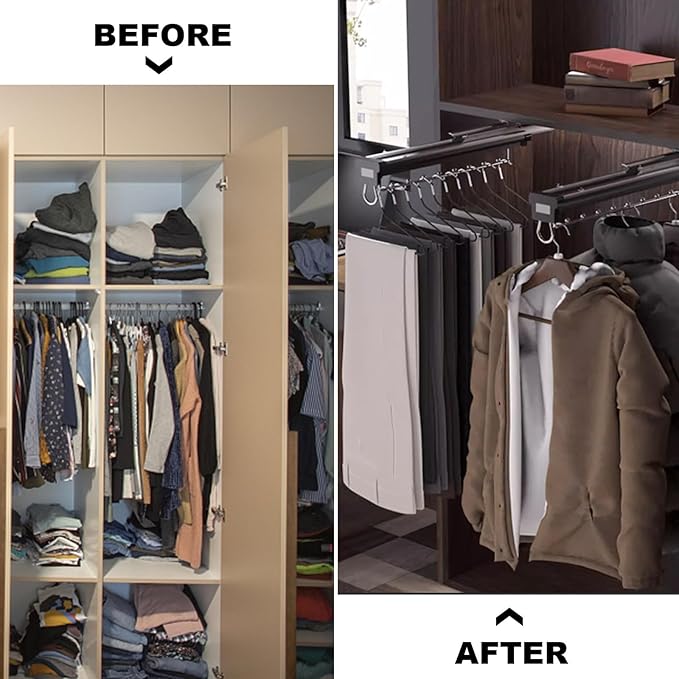 Heavy Duty Pull Out Clothes Rail - Extendable Hanger Rack with Buffer System, Adjustable Steel Wardrobe Rod for Efficient Clo