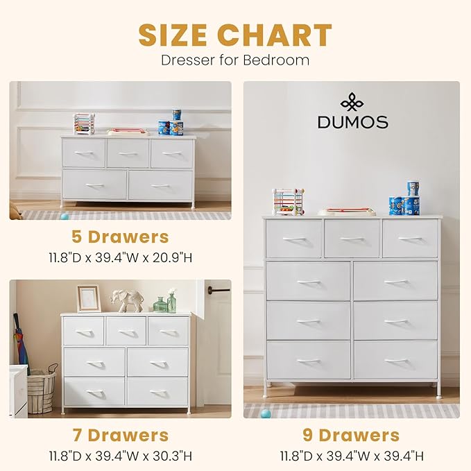 DUMOS Dresser for Bedroom, 5 Storage Drawers, Wide Fabric Closet Chests Organizer Tower Furniture with Wooden Top Metal Frame