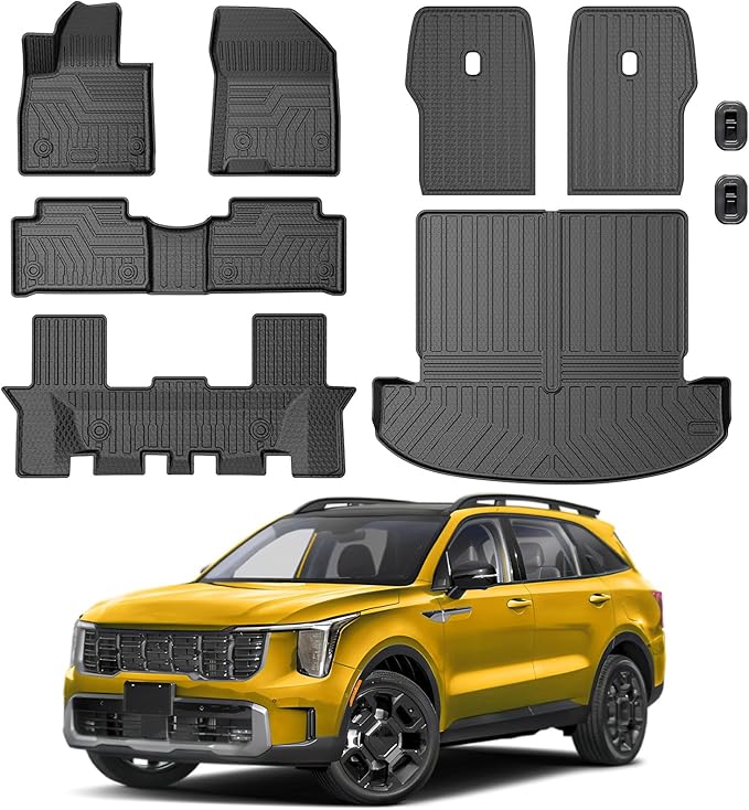 KUST Floor Mats Set for Kia Sorento 2021-2025 2026 (6 Seater, Not for Hybrid), All Weather Rear Trunk Cargo Liner with 2nd Row Back Seat Protector Full Set Car Mats Accessories TPE Rubber Raised Edge