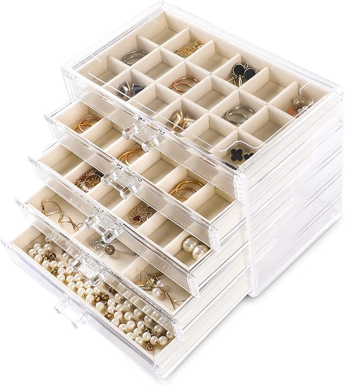 Frebeauty Acrylic Jewelry Organizer Earring Organizer Box with 5 Drawers Earring Holder Organizer with Velvet Trays Clear Jew