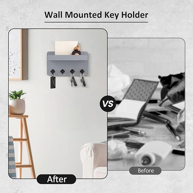 Nekon Key Holder Wall Mount, 8.5 Inch Small Home Decor Wooden Wall Organizer with 4 Hooks and Shelf, Key and Mail Holder for 