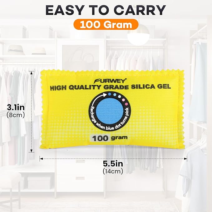 100g (12 Packs) Rechargeable Desiccant Packs for Storage, Color Indicating Silica Gel Desiccant Packets, Moisture absorbers