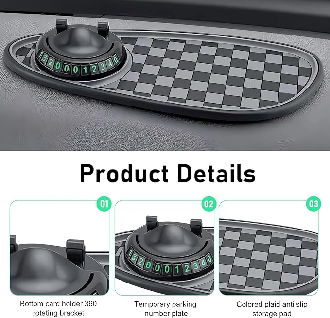 Multifunction Car Anti-Slip Mat, Storage Pad & Rotatable Phone Holder & Parking Number Plate, 11.8" x 5.4" Organizer Pad for 