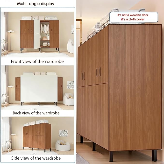 Heavy Duty Covered Clothes Rack with Magnetic Door Foldable Portable Wardrobe Closet for Hanging Clothing Rolling Black Metal