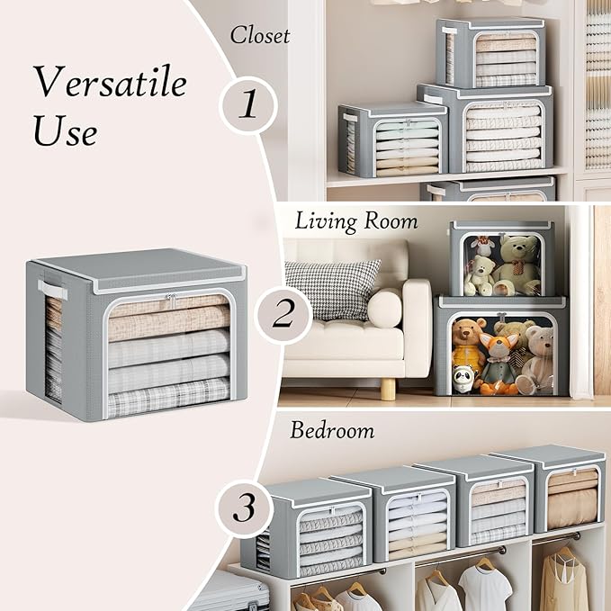 Yecaye Clothes Storage Bins with Metal Frame, Foldable Clothing Storage Bin with Lid, Stackable Oxford Fabric Organizer Box W