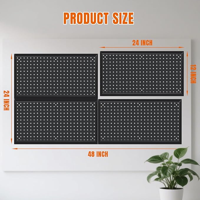 Jack Boss 48x24 Inch Metal Pegboard Wall Organizer, Black Pegboard Panels Tool Organizer Kit with Accessories Hooks and Bins,