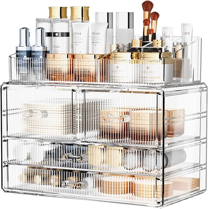 ZHIAI Stackable Storage Drawers, Acrylic Bathroom Counter Organizer Clear Makeup Organizers for Vanity, Kitchen Cabinets, Bat