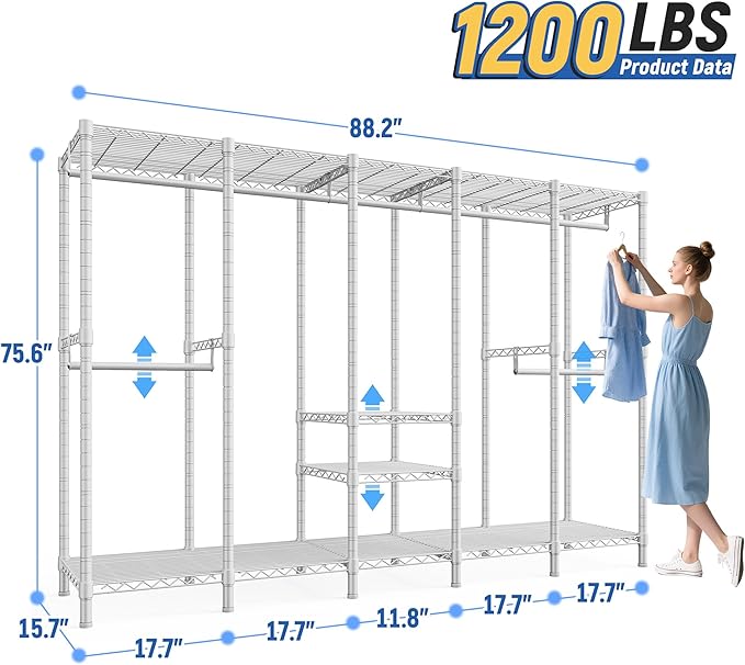 Raybee 88.2" W Clothes Rack Heavy Duty Clothing Racks for Hanging Clothes Extra Wide Portable Closet Loads 1200LBS Freestandi