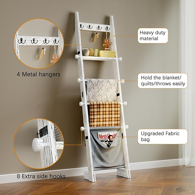 REFGY Blanket Ladder for Living Room, 5-Tier Wooden Blanket Ladder, 5.3Ft Wall Leaning Quilt Ladder for Bedroom, Rustic Decor