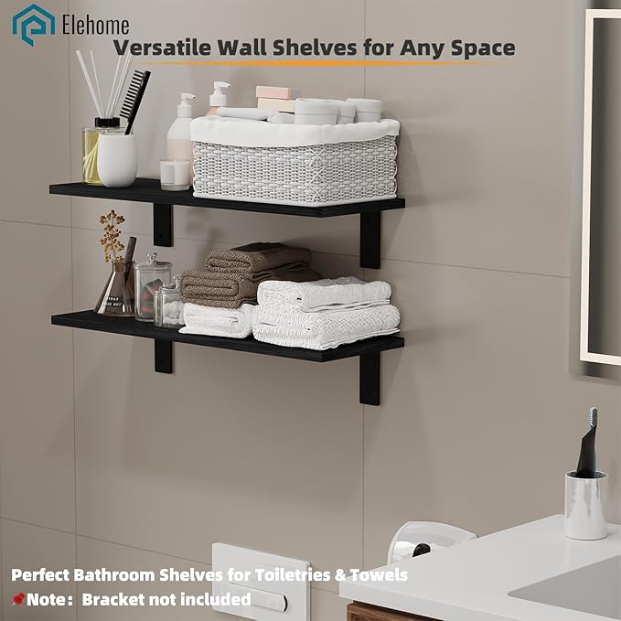 Floating Shelf Board for Wall 5/8" – No Brackets – 24" L x 12" W x 0.6" T Black Melamine Wood Floating Shelves for Bathroom, 