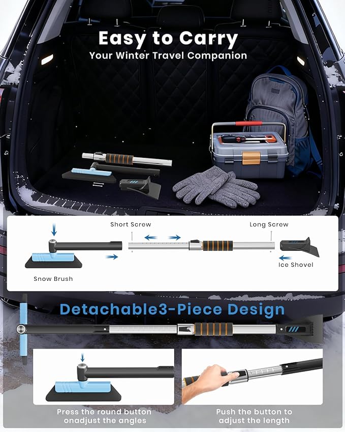 helloleiboo 43.7" Extendable Ice Scrapers for Car Windshield for 12 Adjustable Length Settings with Foam Grip and 360° Pivoting Brush Head Detachable Snow Brush for Truck SUV(Blue)