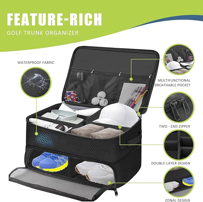 Golf Trunk Organizer, 2 Layer Golf Storage Bag, Waterproof Car Golfer Organizers with Ventilation Compartment for 2 Pairs