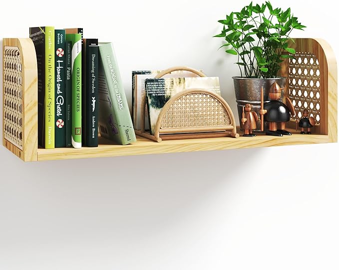 24 Inch Rattan Wall Shelf, Wooden Hanging Bookshelf Storage, Natural Cute Nursery Shelves Wall Mounted, Boho Decorative Float