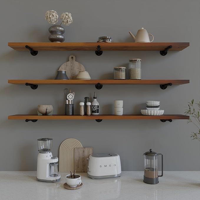 Industrial Pipe Wall Wood Shelves,Real Wooden Shelves 72" in Special Brown Color with 1.2" Extra Thickness, Modern Floating S