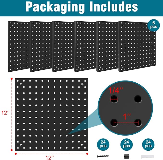 Peg Board,Steel Organization Panels, Ideal for Garage Tool Storage, Office Organization, Craft Room, Kitchen,Pack of 6(Black,