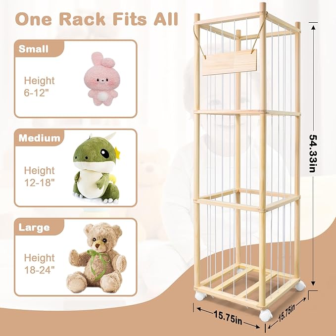 Stuffed Animal Storage, Wooden Cute Zoo Toy Holder with Brake Wheels, Space Save Toy Organizer, Large Capacity Stuffed Animal
