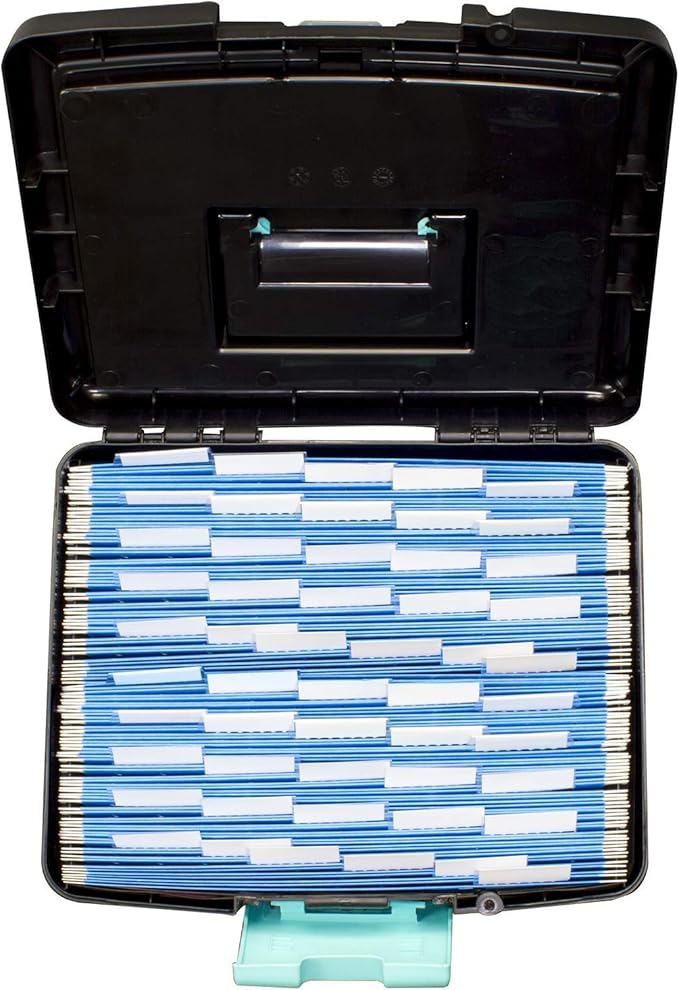 Storex Portable File Box, with Lockable XL Supply Storage Lid and Carry Handle, Black/Teal, 10.9 x 11 x 13.25 Inches, 2-Pack 