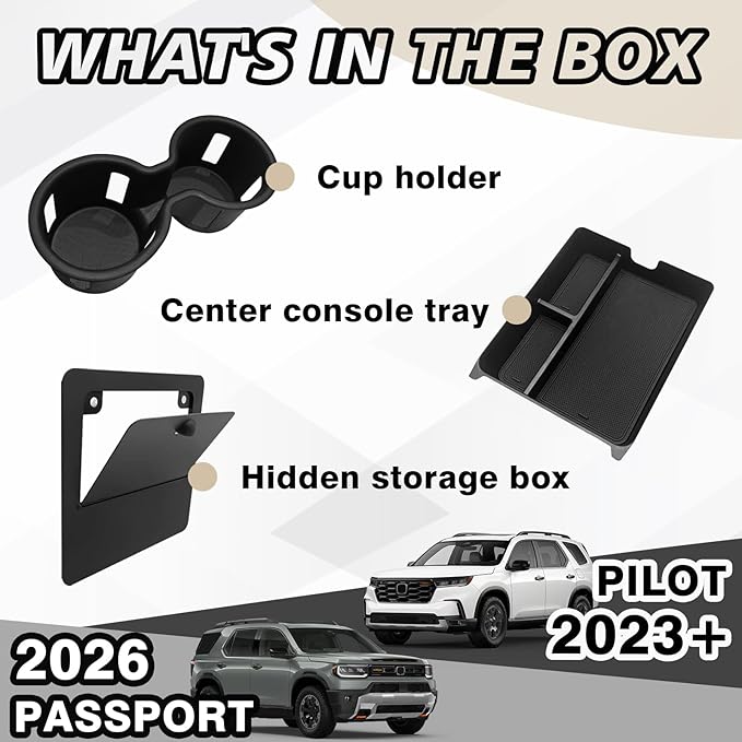 Muslogy Center Console Organizer & Cup Holder Insert & Magnet Armrest Hidden Storage Compartment Compatible with 2023-2026 Honda Pilot/2024-2026 Passport Center Console Inserts Interior 3PCS Set