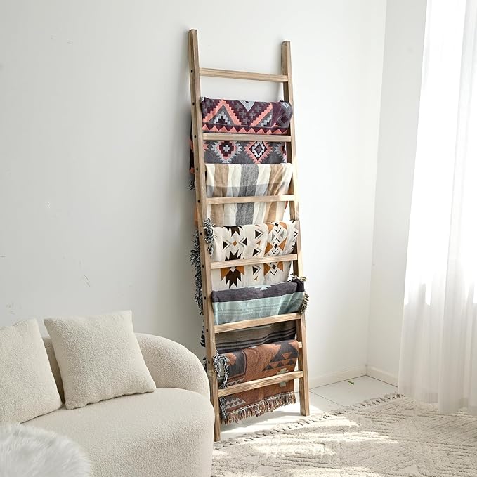 FUIN 6.4ft Extra Wide Wooden Blanket Ladder Living Room Decorative Wal Leaning Farmhouse Quilt Display Holder Rustic Wood Tow