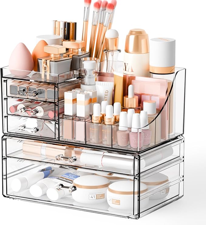 Yieach 2 Pack Clear Makeup Organizer Countertop for Dresser,Vanity and Bathroom Counter Organizer,Tiered Stackable Makeup Acr