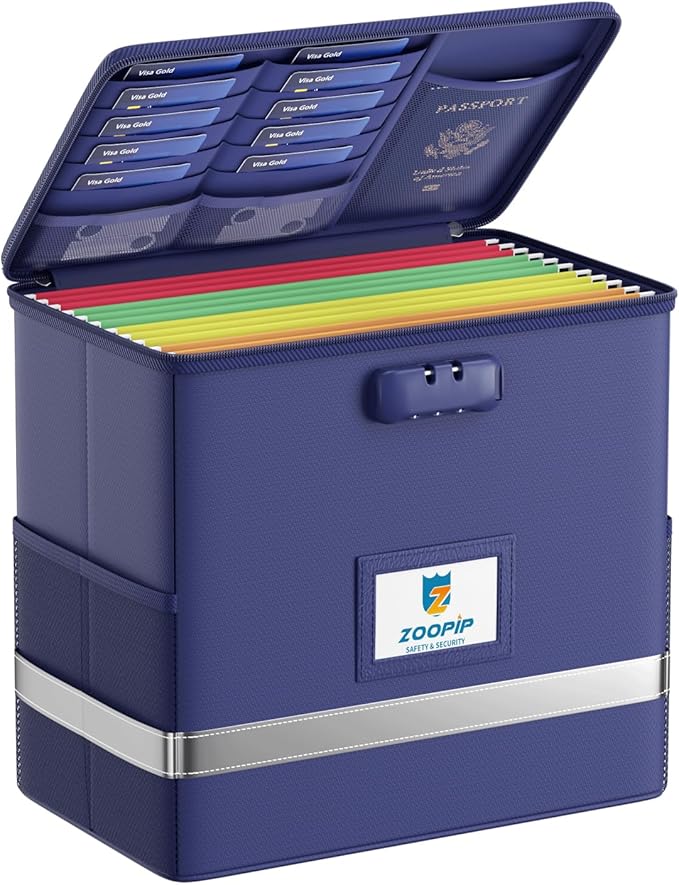 Fireproof File Box with Lock, Document Box Storage Organizer, Suitable for Hanging File Folders in Letter Size, Collapsible F