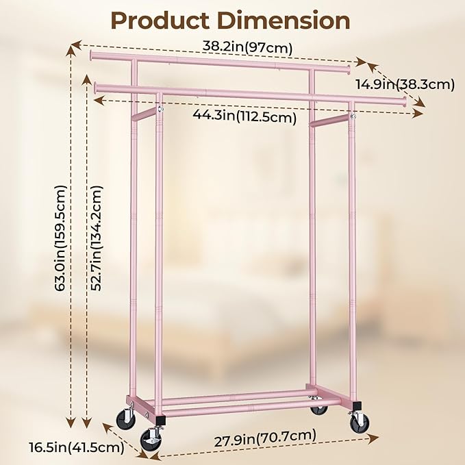 HYSEYY Double Rods Clothes Rack, Sturdy Rolling Clothing Rack, Portable Clothing Racks for Hanging Clothes - Metal Garment Ra