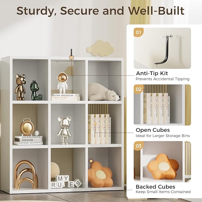 COMHOMA 9 Wood Cube Storage Organizer with Open Back and Removable Back Panels, 11In White Cube Storage Bookshelf, Cubicle Sh