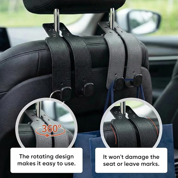 Car Seat Headrest Hooks for Purses and Bags, 2 Pack Car Seat Back Organizer Storage Hook, Car Purse Holder Between Seats Hanger, Headrest Back Seat Handbags Hook Hanging Accessories, Grey