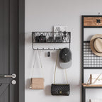 OROPY Entryway Mail Holder with Key Hooks, 14" L×4.7" W×6.5" H, Wall Mounted Matte Black Metal Wire Mesh Storage Basket with 