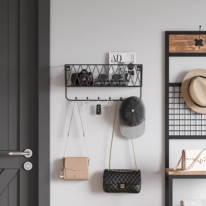 OROPY Entryway Mail Holder with Key Hooks, 14" L×4.7" W×6.5" H, Wall Mounted Matte Black Metal Wire Mesh Storage Basket with 