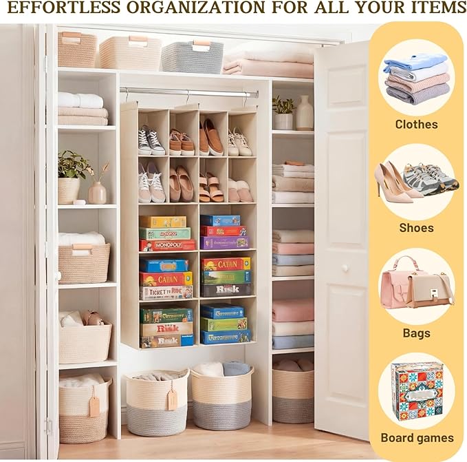 Ofiray-home 5 Tier Hanging Closet Organizer, 14 Compartments Sweater Organizer for Closet with 3 Sturdy Hooks, Closet Organiz
