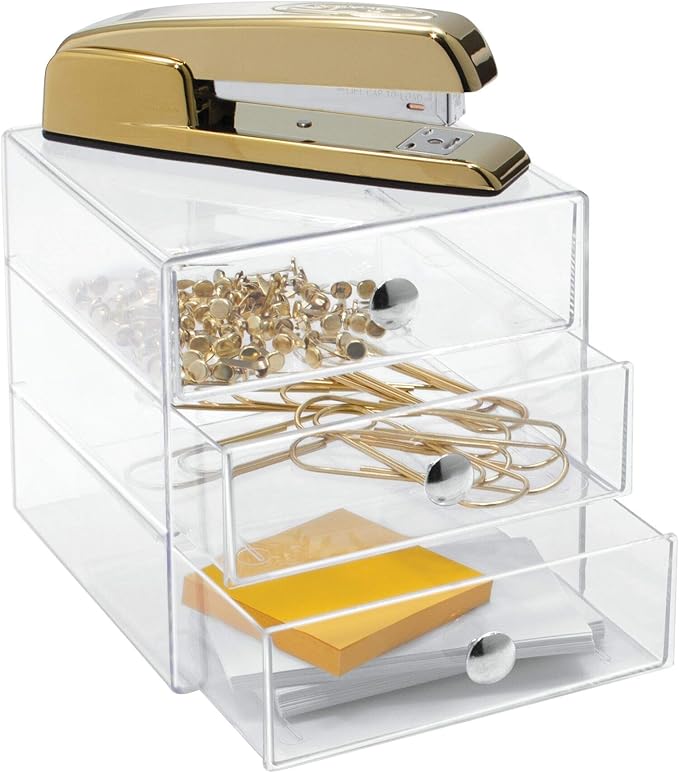iDesign 3-Drawer Stackable Makeup Organizer - Clear Plastic Drawers for Bathroom, Vanity, or Desk