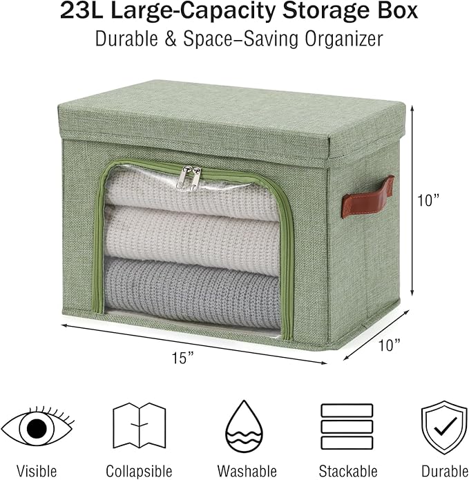 Large Storage Bins Boxes with Lids Clear Window Zipper Closure Decorative Cotton Linen Fabric Baskets with PU Leather Handles
