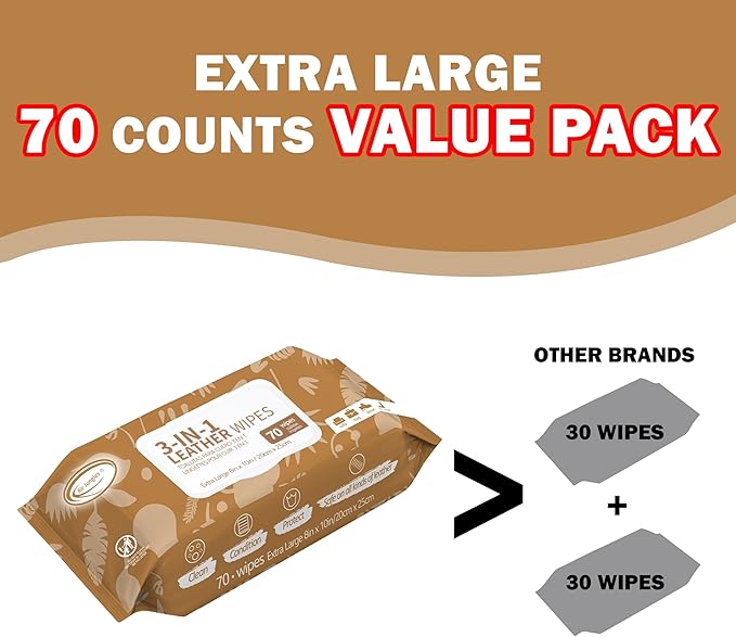 Air Jungles 3in1 Leather Cleaner Wipes 70 Count (Pack of 3), Extra Large 8" x 10" Size, Clean Condition Protect Wipes for Vin