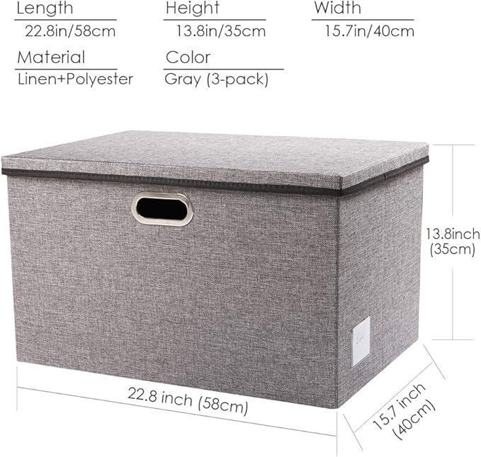 PRANDOM Extra Large Collapsible Storage Bins with Lids [3-Pack] Linen Fabric Foldable Storage Baskets Boxes Organizer Contain
