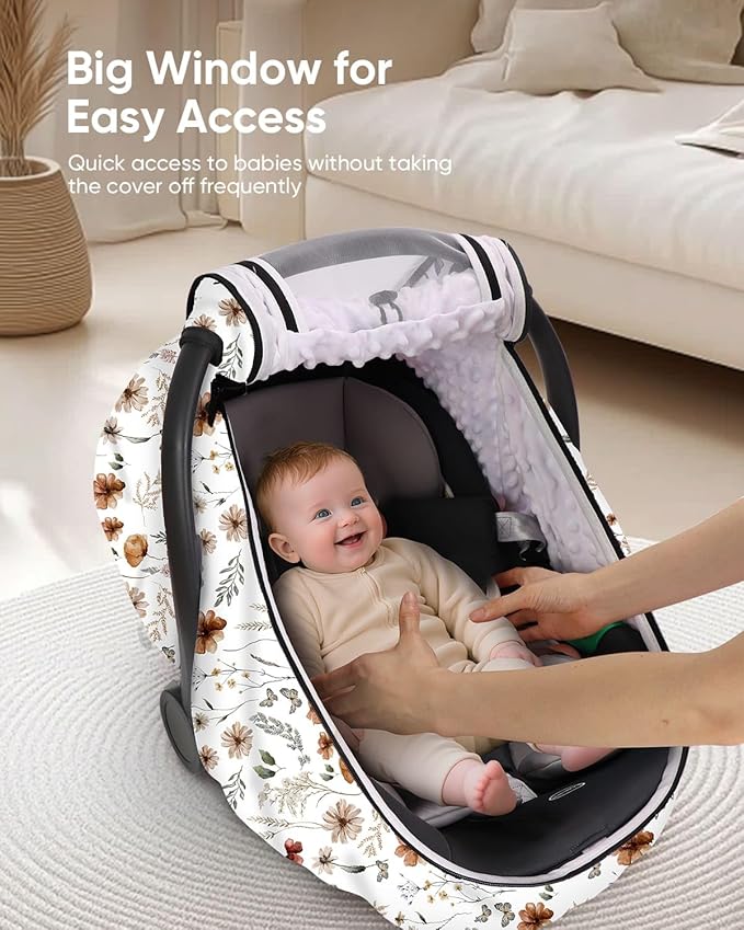 Car Seat Cover Baby Girls, Infant Car Seat Canopy Outdoor, 2 Layers with Mesh and Sun Shade Window for Summer Winter, Easy Ac