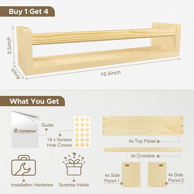 Forbena Natural Wood Nursery Book Shelves Wall Mounted, Floating Bookshelf for Kids Room, Toys and Books Storage Organizer Bo