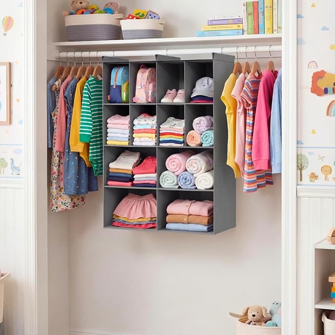 Ofiray-home 4 Tier Hanging Closet Organizer, 12 Compartments Sweater Organizer for Closet with 3 Sturdy Hooks, Closet Organiz